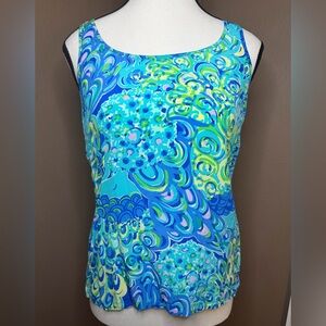 Lilly Pulitzer Aerial Silk Top size XS  Peacock Design Zipper Back